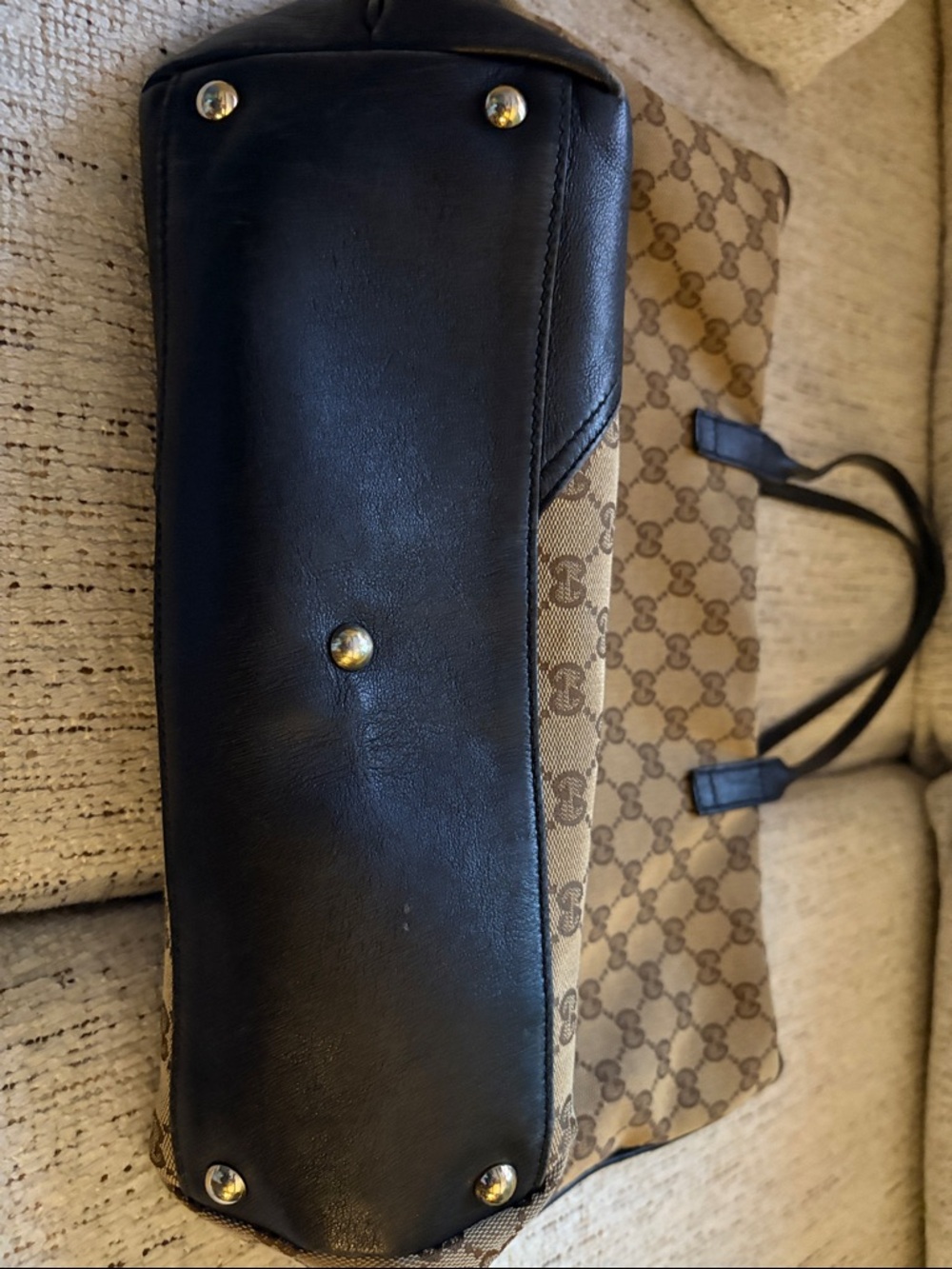 REPOSHING Gucci Brown GG Canvas Tote with Black Leather Trim - Picture 3 of 10